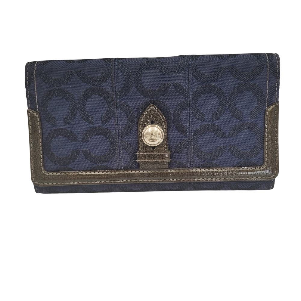Coach F43162 Navy Blue Signature Canvas Tri-Fold Wallet Metallic Trim